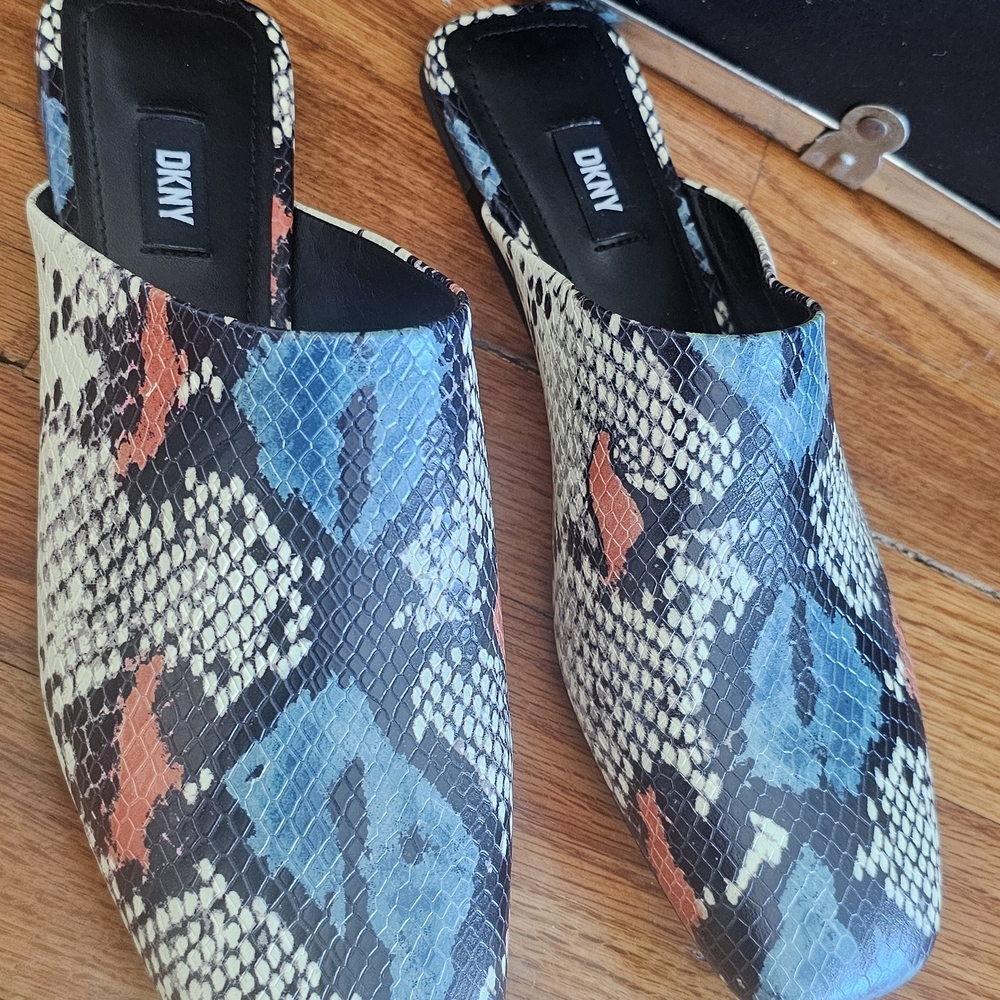 DKNY Women's Vibrant Snake Print Mules